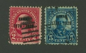 US 1928 Hawaii Sesquicentennial Issue, Scott 647-648 used, Value = $16.50