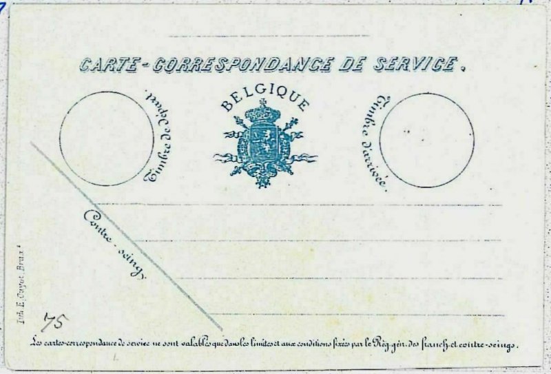 29861 - BELGIUM Belgium - POSTAL HISTORY - SERVICE Whole Things Card: BLUE-