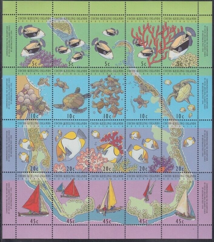 COCOS ISLANDS Sc# 292a-f MNH SHEET of 20 MARINE LIFE STAMPS of ALL TYPES