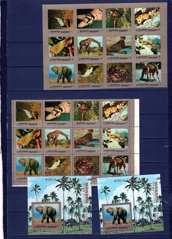 MANAMA 1972 FAUNA/WILD ANIMALS 2 SHEETS OF 12 STAMPS & 2 S/S PERF. & IMPERF. MNH