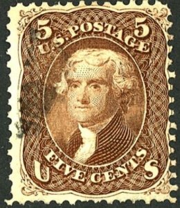 #76 – 1863 5c Jefferson, brown. Used. Fine. Light Cancel.