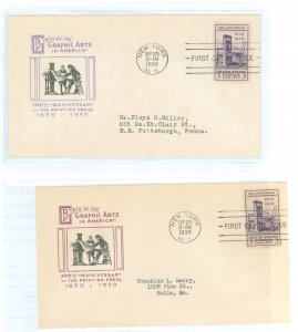 US 857 1939 3c 300th Anniversary of the Printing Press in America on two addressed (typed) FDC with Ioor cachets with color vari