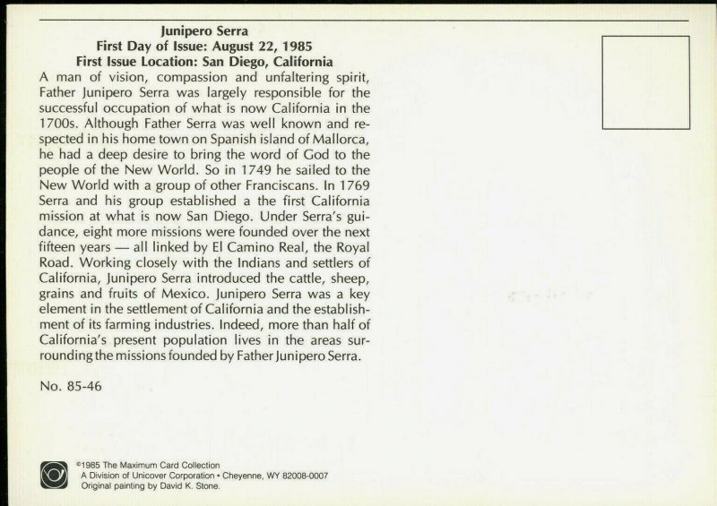 FDC scott C116 Fleetwood Maximum Card 1985 CA Junipero Serra California Missions
