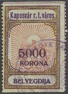 HUNGARY 1924 Kaposvar 5000k Municipal Revenue, Bft #19 Used VF