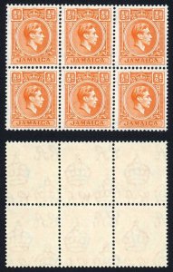 Jamaica SG121b 1/2d Orange A BLOCK of SIX U/M