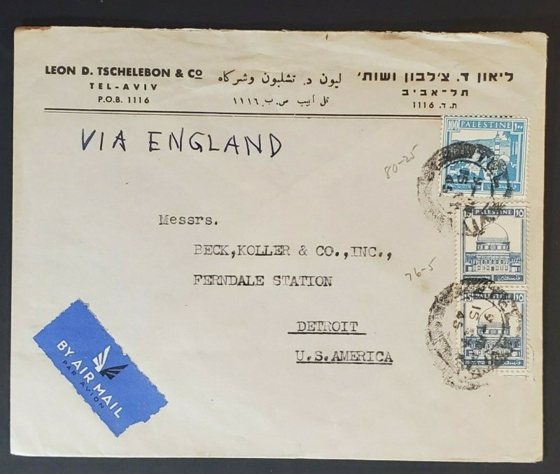 1945 Tel Aviv Palestine to Detroit Leon Tschelebon Co Advertising Airmail Cover