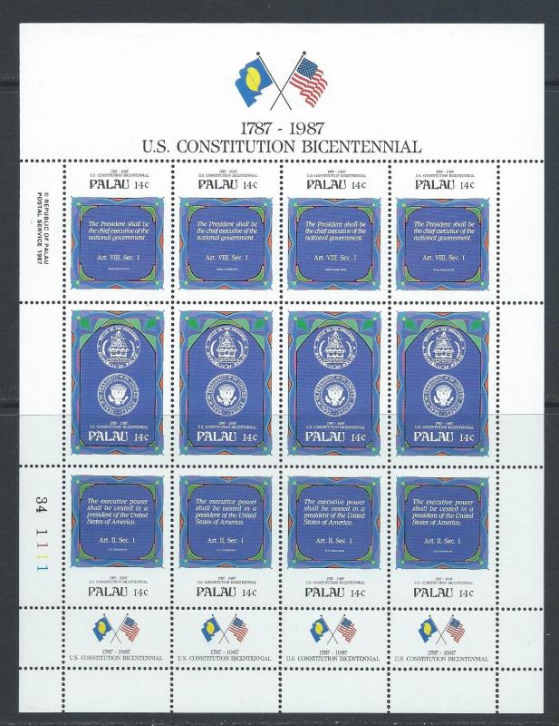 Palau 157a-63a MNH Bi Centennial full sheet, 2014 CV $21.20+