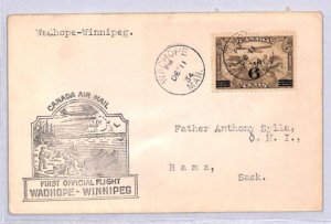 CANADA Air Mail FIRST FLIGHT Cover WADHOPE Winnipeg Manitoba Rama 1934 YN57