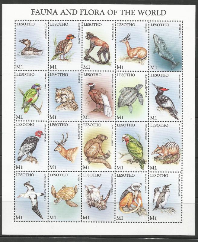 LESOTHO 1092 MNH, SS OF 20 STAMPS, FAUNA AND FLORA OF THE WORLD