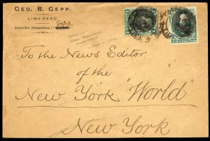 Peru #119,123, 1894 1c and 10c with Bermudez overprints, used on cover to New...