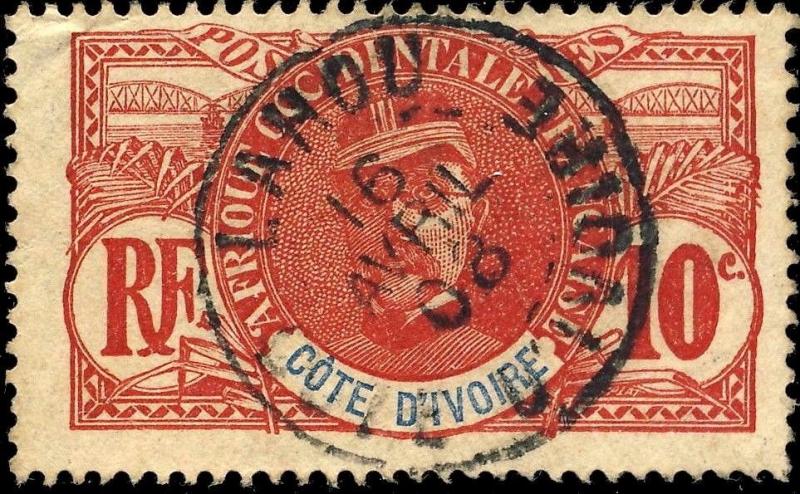 CÔTE-D'IVOIRE - 1908 - CAD LAHOU SUR 10c FAIDHERBE