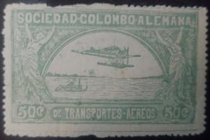 O) 1921 COLOMBIA, SEAPLANE OVER MAGDALENA RIVER SCT C16 50c, WITHOUT CLOUTHS - M