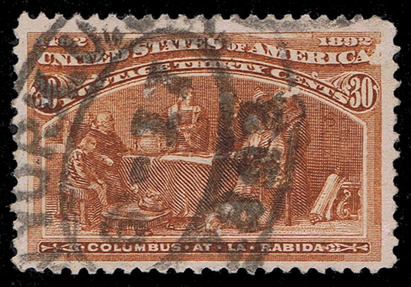 GENUINE SCOTT #239 XF USED 1893 NY CANCEL 30¢ ORANGE BROWN COLUMBIAN SCV $100