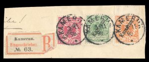 German Colonies, Cameroon #2-3, 5, 1897 5pf, 10pf and 25pf, used on piece, wi...