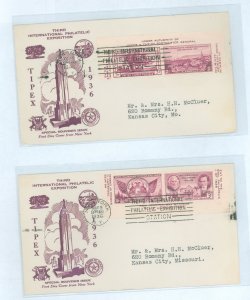 US 778a-b/c-d 1936 tipex souvenirs sheets, two halves on two first day covers,  on addressed, typed envelopes with matching cach