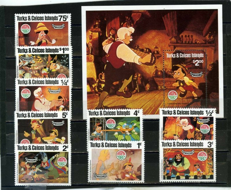 TURKS & CAICOS ISLANDS 1980 DISNEY CHRISTMAS SET OF 9 STAMPS & S/S MNH 