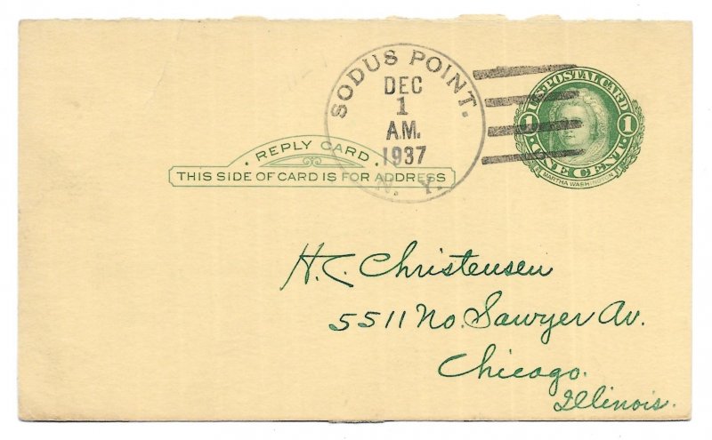 Sodus Point, New York Severed Paid Reply Card Sct UY7, Signed by Postmaster 1937