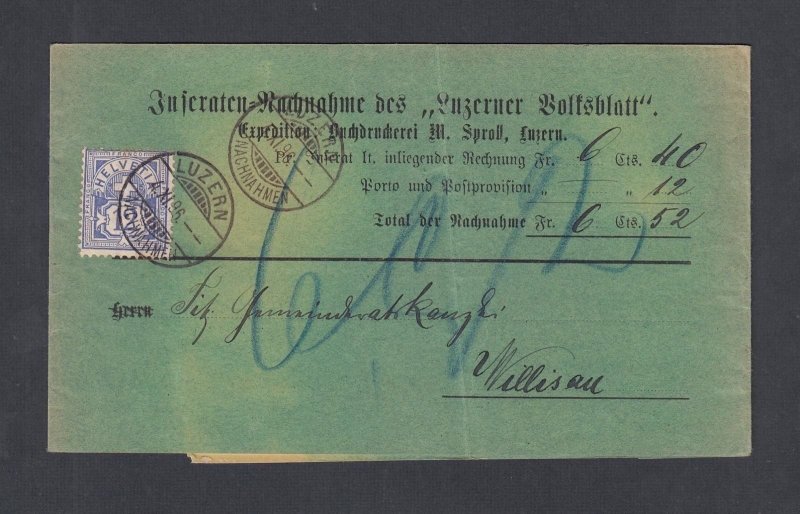SWITZERLAND 1896 12c NUMERAL FOLDED NACHNAHME COD WRAPPER LUZERN TO WILLISAU