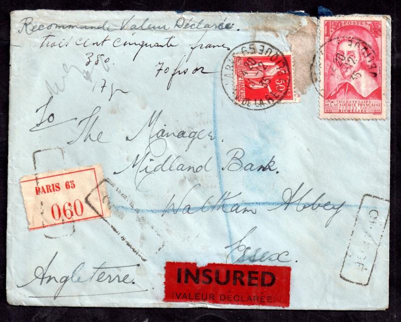 France 1935 Insured Registered cover Paris to Waltham Abbey UK wax seals WS11322