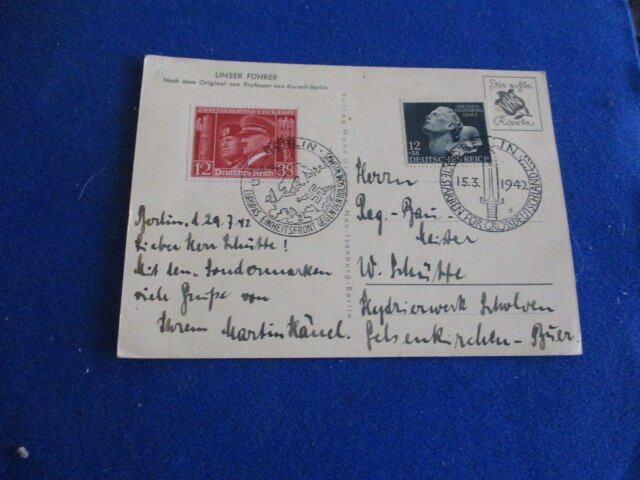 WWII ERA GERMANY PROPAGANDA POST CARD W/SPECIAL PM,FURHER PORTRAIT DRAWING