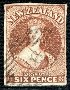 NEW ZEALAND QV Chalon SG.15 6d Chestnut (1857-63) Used Cat £600- RBLUE1