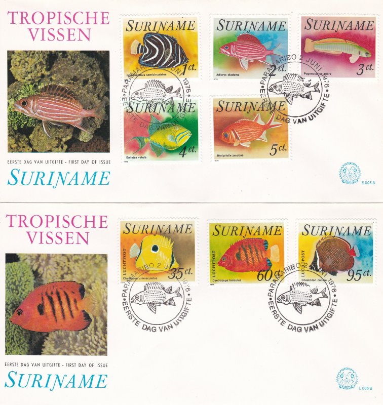 Suriname # 447-451, C55-57, Tropical Fish on 2 First Day Covers