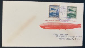 1936 Germany Hindenburg zeppelin LZ 129 Flight Airmail Cover to SO NJ Usa