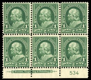 United States, 1894-95 #279 Cat$350, 1898 1c green, bottom margin plate numbe...