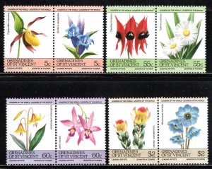 St. Vincent Grenadines #476-79 ~ Cplt Set of 4 pairs ~ Flowers ~ MNH, 1985