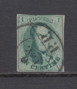 Belgium Sc 9 used 1861 1c green King Leopold I, imperf w/ 4 margins