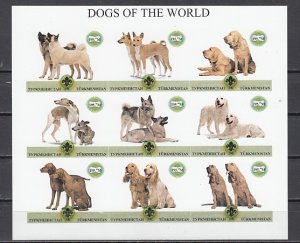 Turkmenistan, 1999 Russian Local. Dogs sheet of 9. Scout Logo. IMPERF. ^