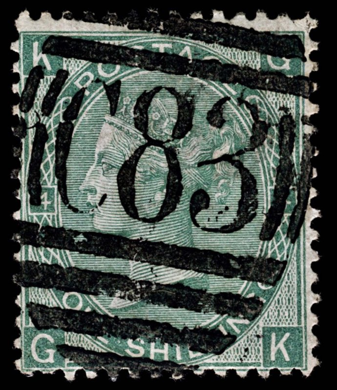 4293: GB SG117 1s Green Plate 4. GK. C83 Rio De Janeiro Z56 Postmark. 1867....