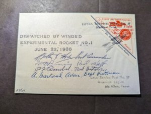 1936 USA Trial Flight Rocket Mail #1 Cover to McAllen TX Pilot Signed 29 of 41