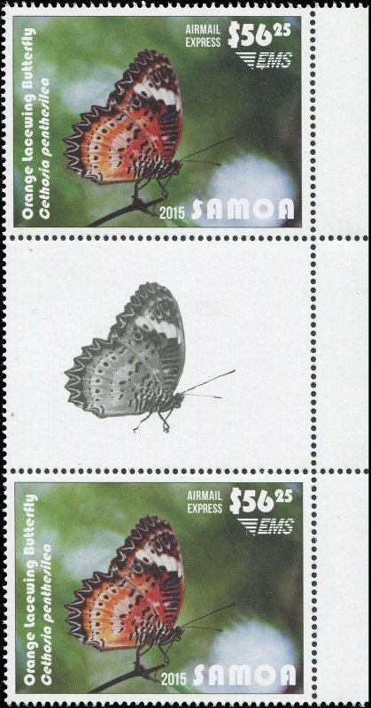 Samoa 2015 Sc C13 Gutter Pair Orange Lacewing Butterfly CV $85 