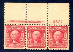 US SCOTT #319Fi DIE II TOP PL# STRIP OF 3 MINT-VF-OG-NH W/ PSE CERT