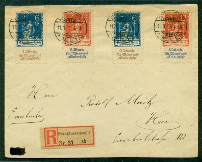 GERMANY 1923, Mi#233-4 on REGISTERED cover tied w/black FRANKFURT cancels, VF