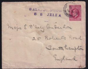 Sierra Leone 1907 SALVED FROM SS JEBBA Freetown to Southampton Disaster Cover