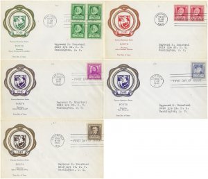 1940 FDC, #864-868, 1c-10c Famous American Poets, Rice (5)