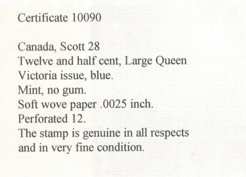 Canada #28 Extra Fine Mint Unused (No Gum) **With Certificate**
