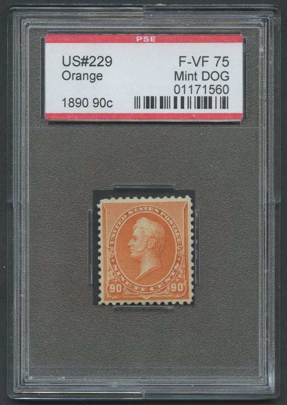 #229 ORANGE 1890 90� VF OG LH (SLIGHT DISTURBED) WITH PSE HOLDER SLABBED SL...