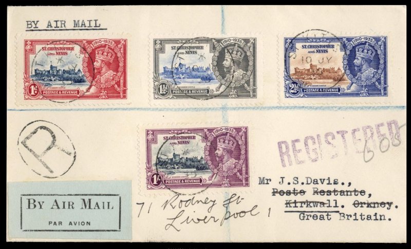 St. Kitts-Nevis #72-75, 1935 Silver Jubilee, set of four on registered cover ...