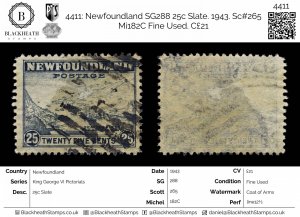 4411: Newfoundland SG288 25c Slate. 1943. Sc#265 Mi182C Fine Used. C£21