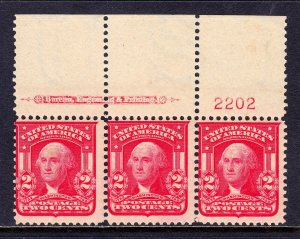 USA — SCOTT 319 — 1903 2¢ WASHINGTON, TYPE I, PLATE # STRIP/3 — MNH/MH — SCV $48