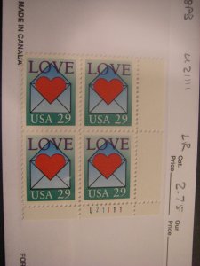 Scott 2618, 29c Love Letter, PB4 #U21111 LR bottom, MNH Beauty