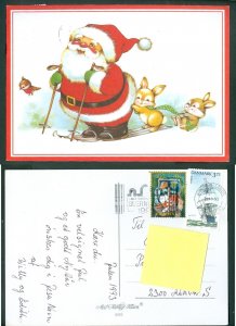 Denmark. Christmas Card 1993. Seal +3.75 Kr. Santa Skiing, Bird,Rabbits.