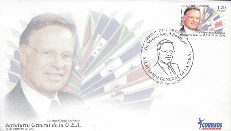 COSTA RICA DR MIGUEL ANGEL RODRIGUEZ O.E.A. PRESIDENT, FLAGS, Sc 581 FDC 2004