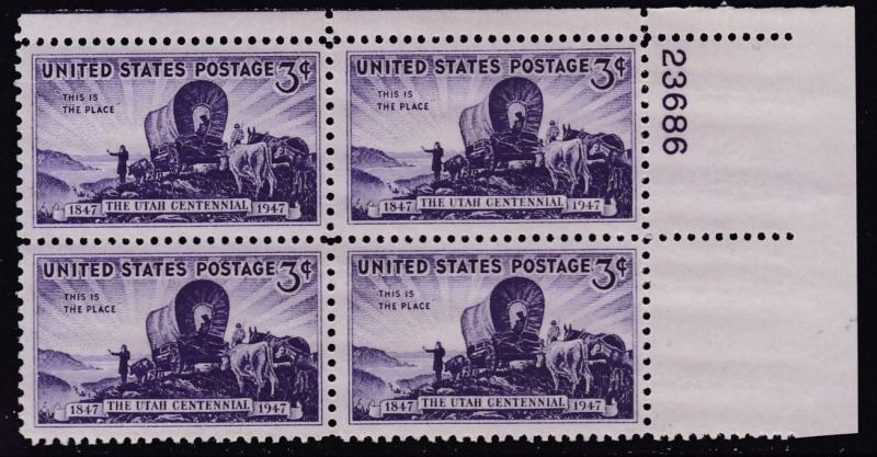 United States 1947 Plate Number Block Scott 950 Utah Settlement  VF/NH