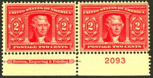 U.S. #324 MINT PL# PAIR OG LH
