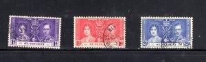 ST. VINCENT #138-140 1937 CORONATION ISSUE USED F-VF a
