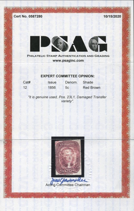 Scott #12 Damaged Transfer variety - scarce! With 2020 PSAG cert. Showpiece!